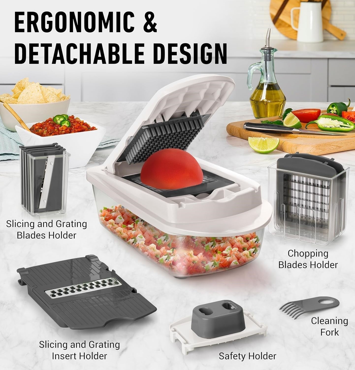 Vegetable Slicer with 8 Interchangeable Blades and Collection Container, Egg Attachment