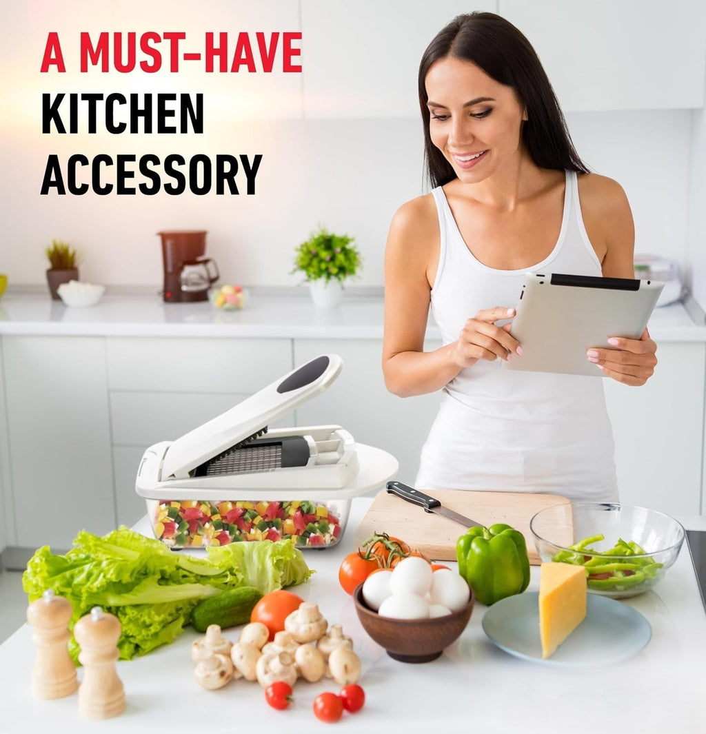 Vegetable Slicer with 8 Interchangeable Blades and Collection Container, Egg Attachment