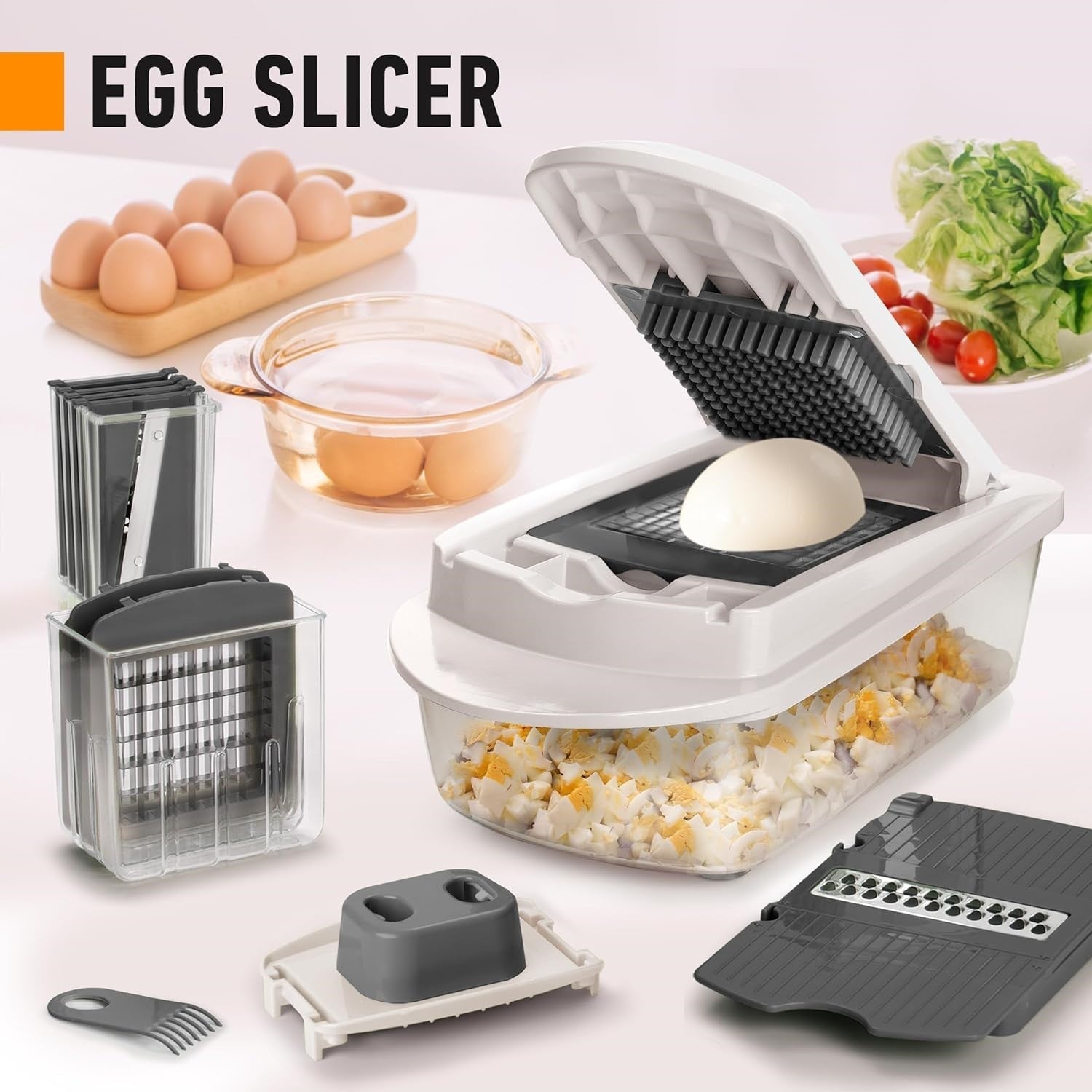 Vegetable Slicer with 8 Interchangeable Blades and Collection Container, Egg Attachment