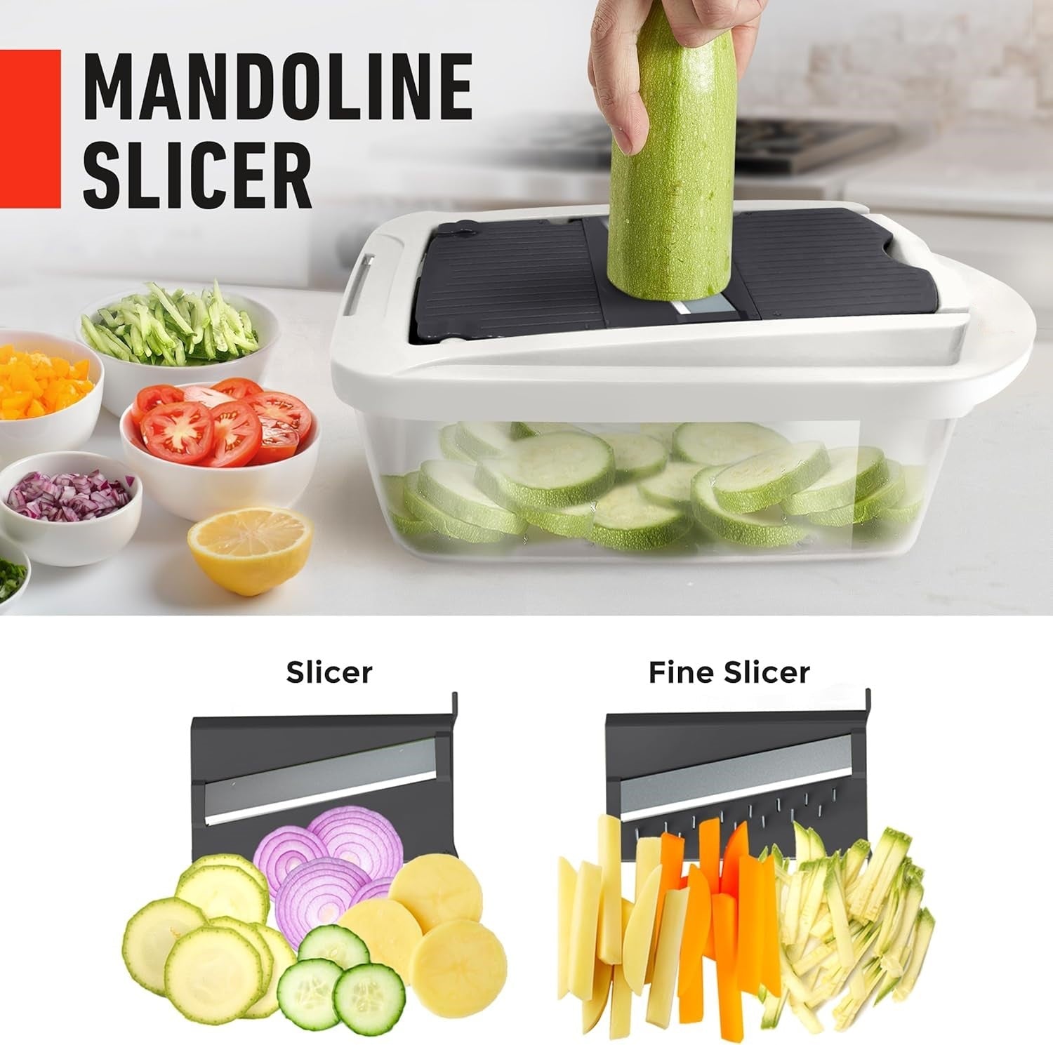 Vegetable Slicer with 8 Interchangeable Blades and Collection Container, Egg Attachment