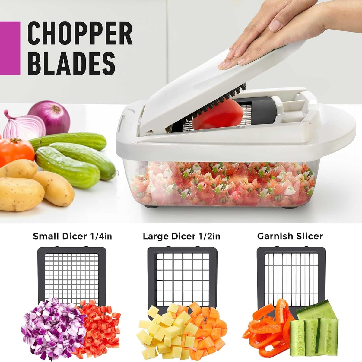 Vegetable Slicer with 8 Interchangeable Blades and Collection Container, Egg Attachment