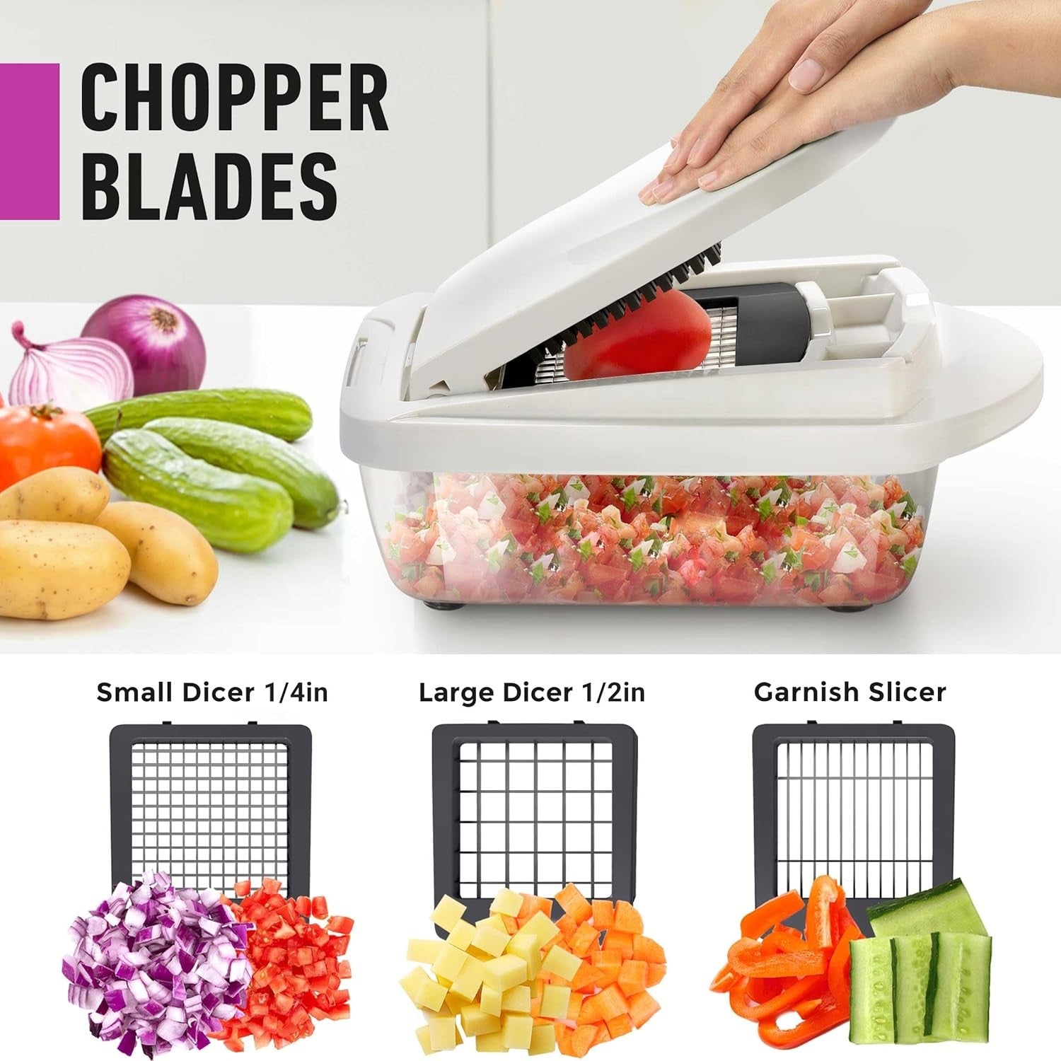 Vegetable Slicer with 8 Interchangeable Blades and Collection Container, Egg Attachment