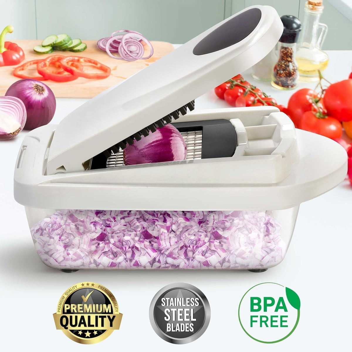 Vegetable Slicer with 8 Interchangeable Blades and Collection Container, Egg Attachment