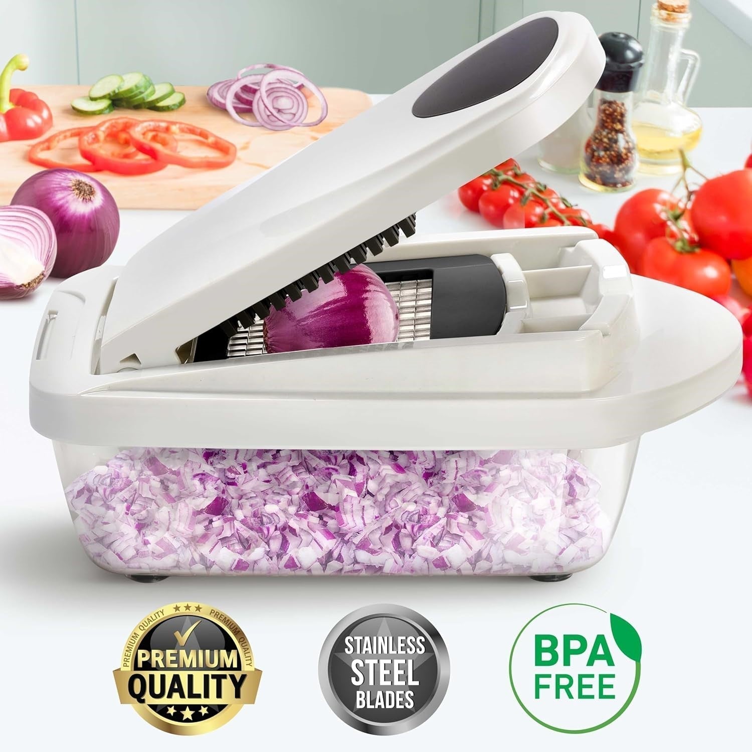 Vegetable Slicer with 8 Interchangeable Blades and Collection Container, Egg Attachment