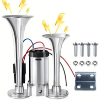 2026 Upgraded 12V 130DB Air Horn Dual Horn, Horn Kit with Air Compressor,Dual Electric Air Horns Kit with Compressor for Vehicles Trucks Pickup Trains Lorrys SUVs Cars Boats (12V SilverBlack) Alarm for Home Security, allveramart
