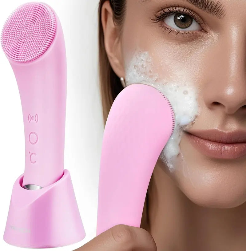 Facial Cleansing Brush with Heated Tip and 5 Vibration Modes, Silicone Bristles