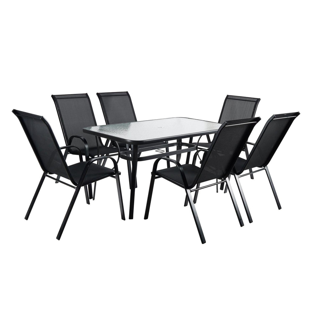 Kara Dining Set, Seating for 6 with Glass Top Table and Black Chairs