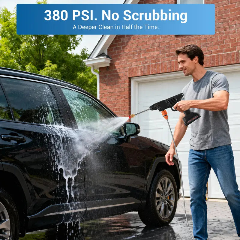 Battery-Powered Pressure Washer 380 PSI with Foam Soap Dispenser and Dual Batteries, 33ft Range