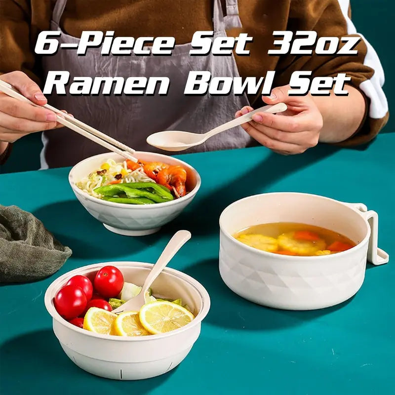 Microwave Noodle Bowl Set with Steam-Lock Lid and Heat-Resistant Handle, 6-Piece