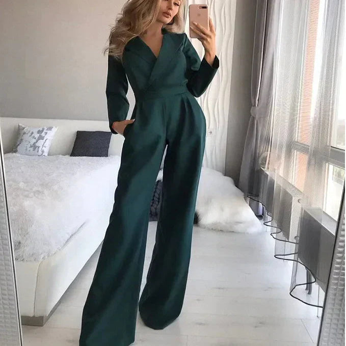Long Sleeve Jumpsuit with V Neckline and Back Zipper, Slim Fit Upper