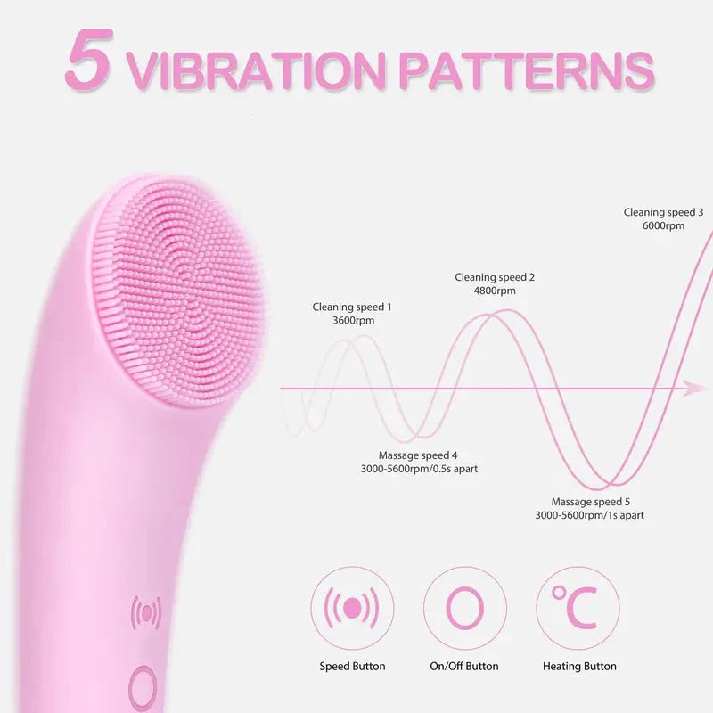 Facial Cleansing Brush with Heated Tip and 5 Vibration Modes, Silicone Bristles