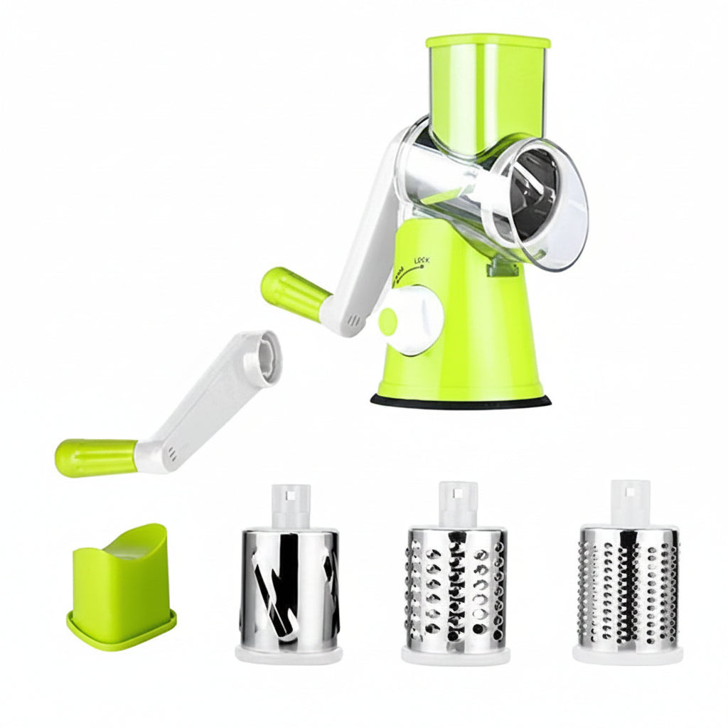 Rotary Vegetable Grater with Hand Crank and Three Interchangeable Blades
