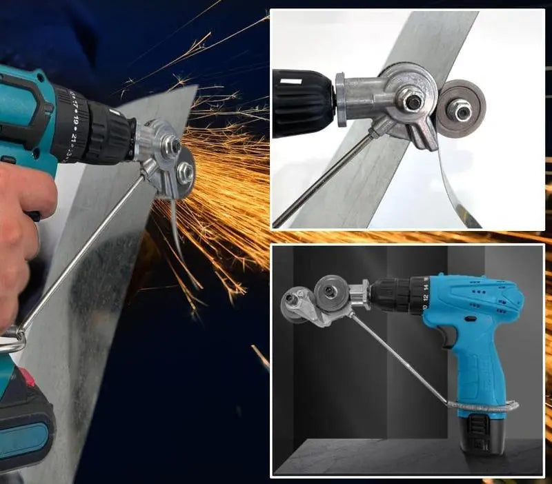 Metal Sheet Cutter Drill Attachment with Three Interchangeable Heads and Gear Blade