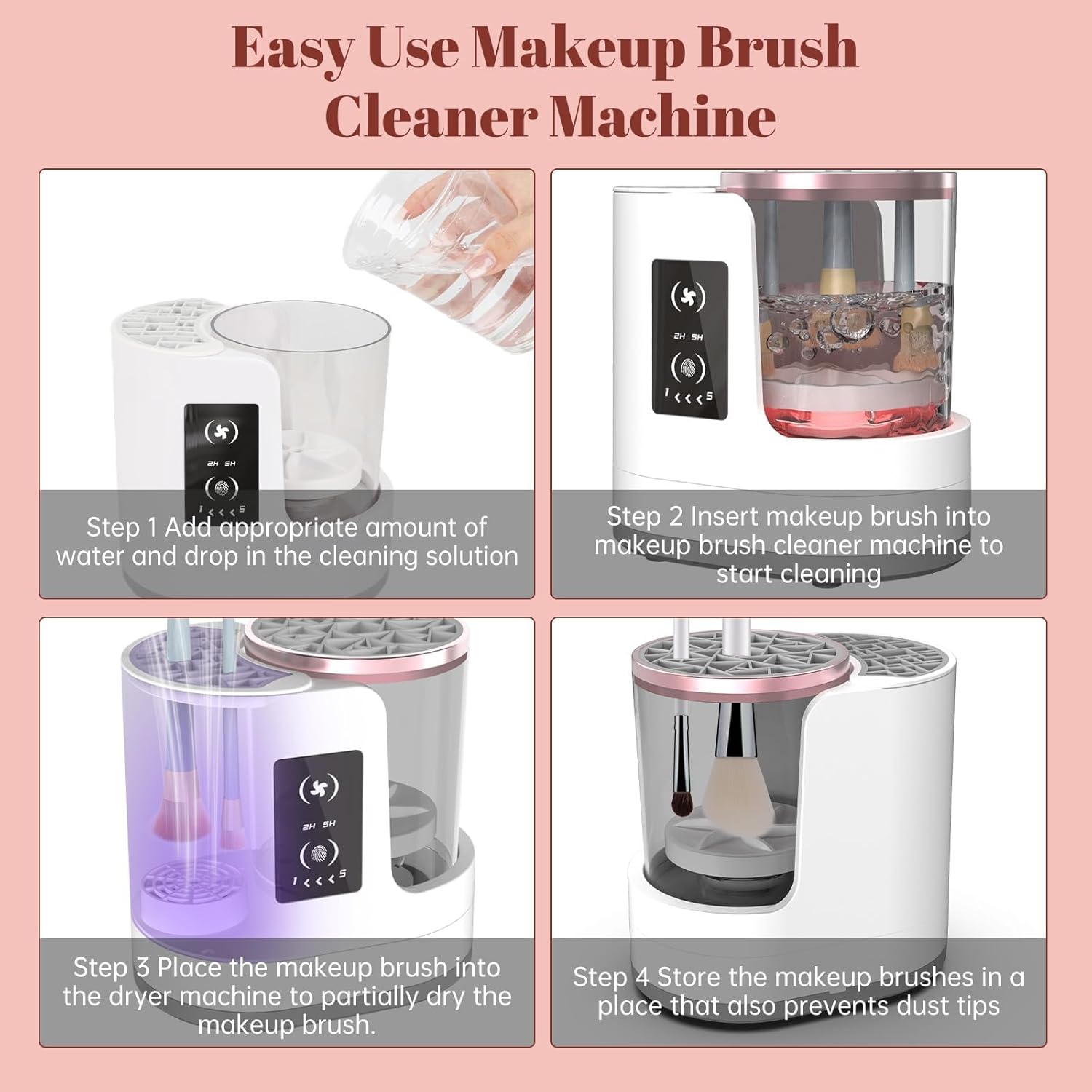 Automatic Spinning Makeup Brush Cleaner with Multiple Silicone Collars and Clear Bowl