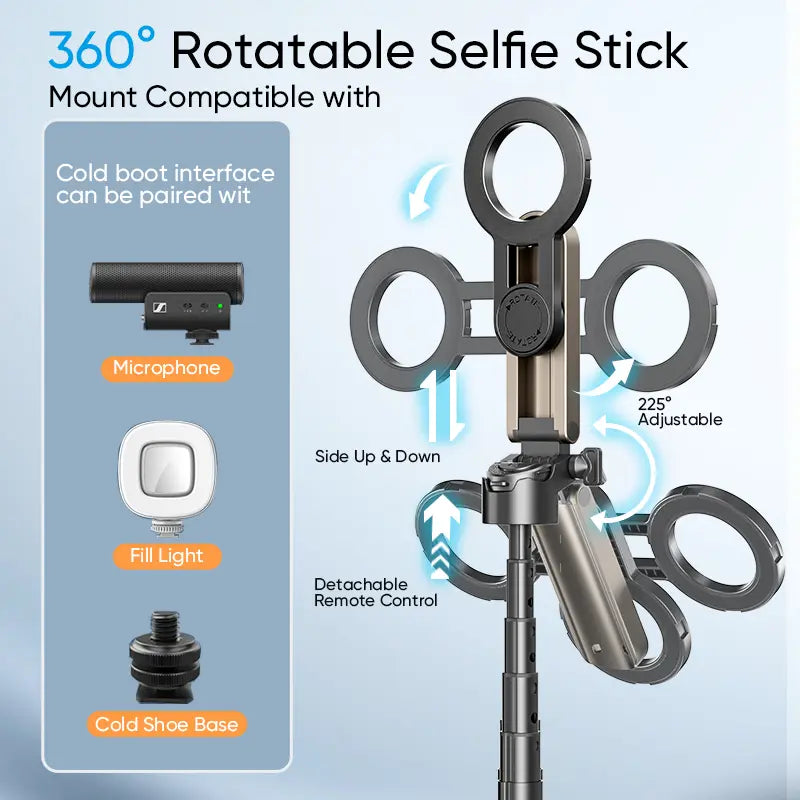 Selfie Stick with Magnetic Phone Mount and Wireless Remote, 360 Degree Rotation Tripod