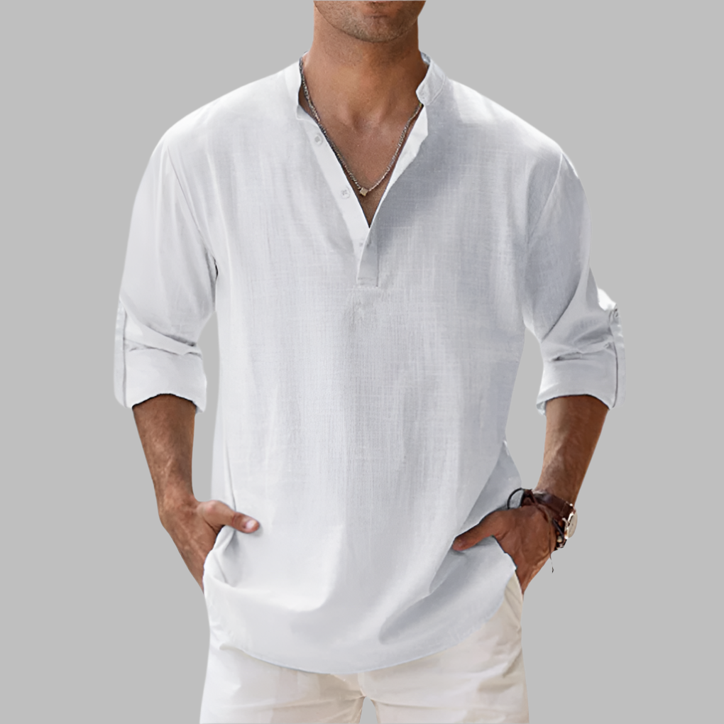 Breathable Linen Button-Down Shirt with Rollable Sleeves and Hip-Length Cut