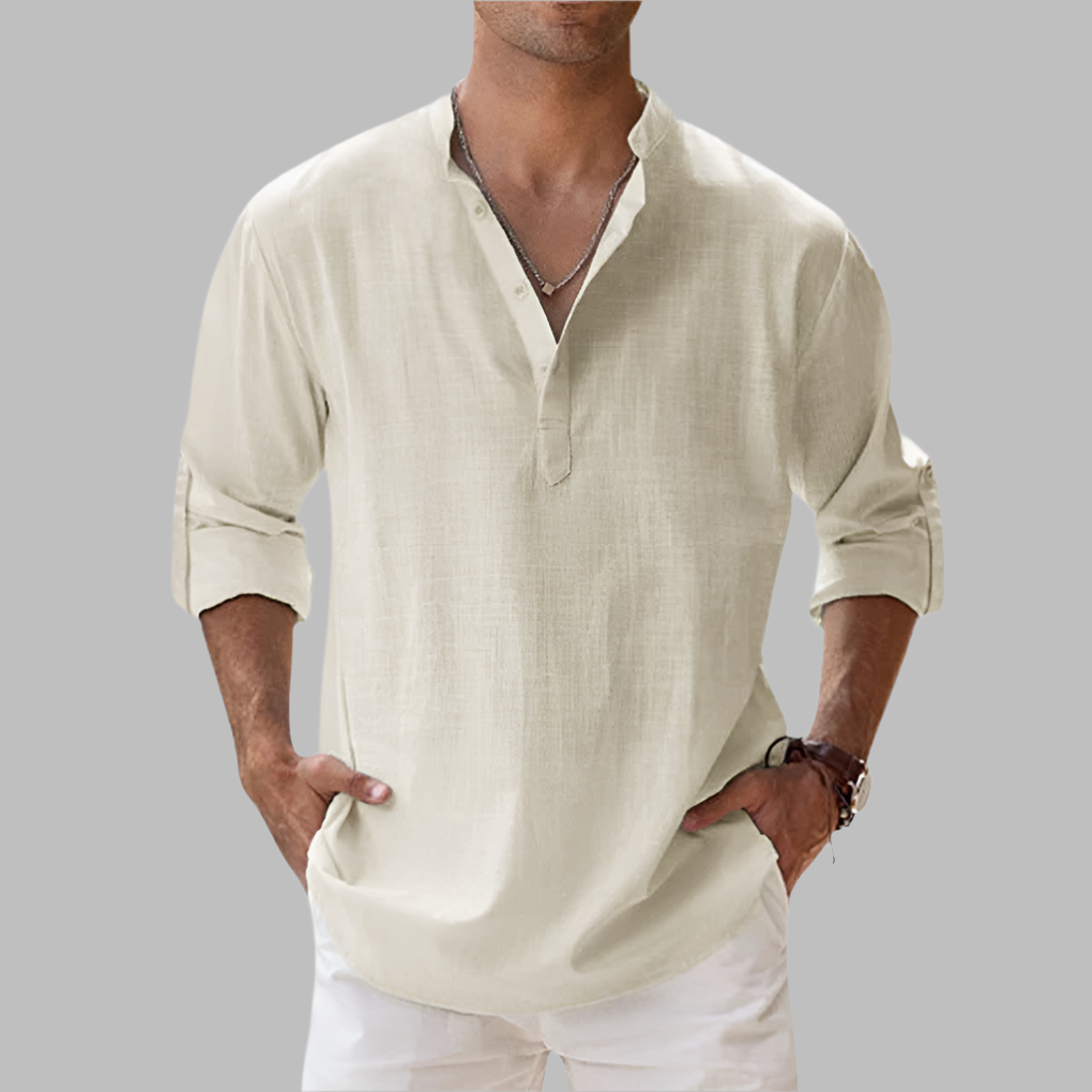 Breathable Linen Button-Down Shirt with Rollable Sleeves and Hip-Length Cut