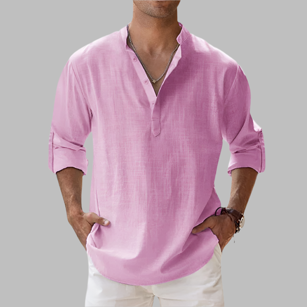 Breathable Linen Button-Down Shirt with Rollable Sleeves and Hip-Length Cut