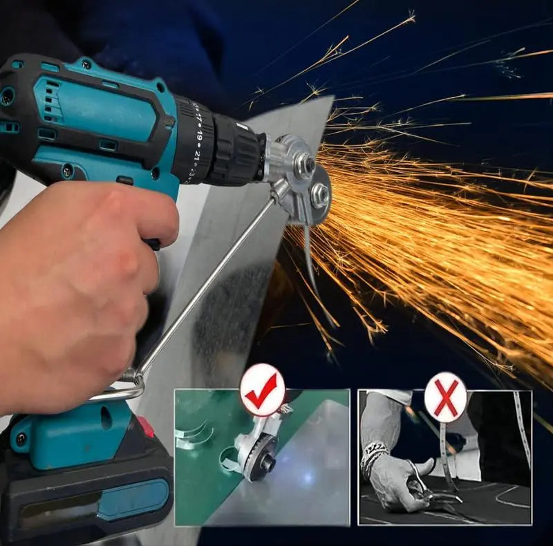 Metal Sheet Cutter Drill Attachment with Three Interchangeable Heads and Gear Blade