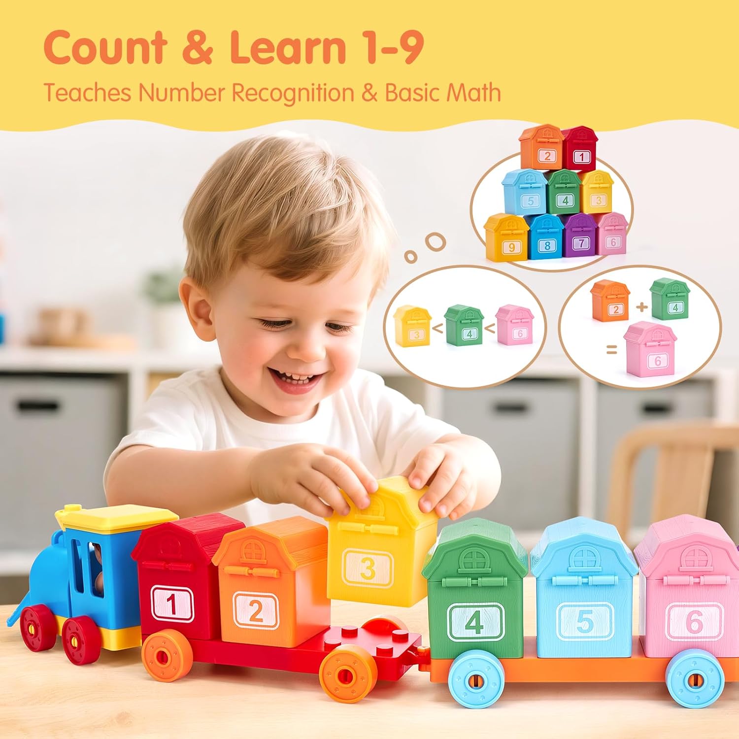Wooden Train Set with Numbered Carts and Farm Animals for Toddler Counting and Sorting