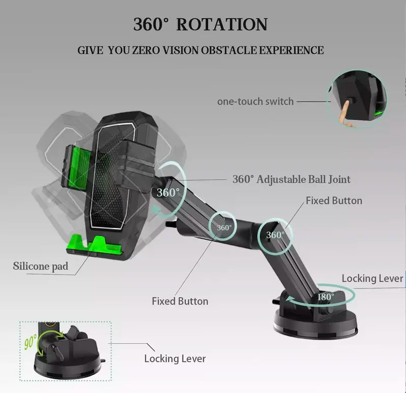 Truck Phone Mount with 360 Degree Rotation and Extended Reach Arm for Dashboards