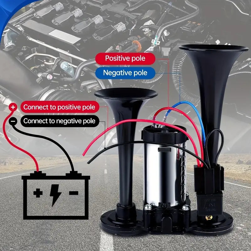Electric Dual Air Horn System with 130dB Output and Auto Compressor for 12V Vehicles