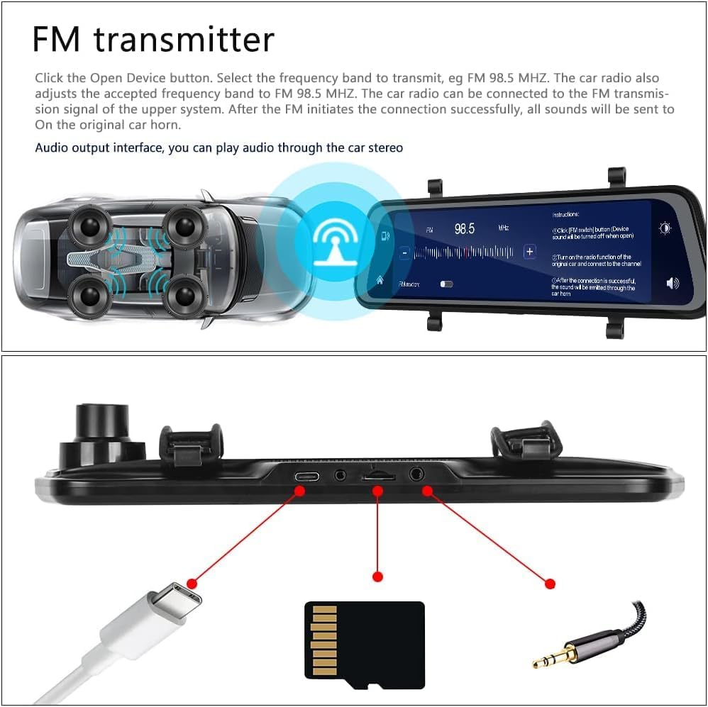 Mirror Dash Cam with Dual Front and Rear Cameras and 9.66 Inch Touchscreen