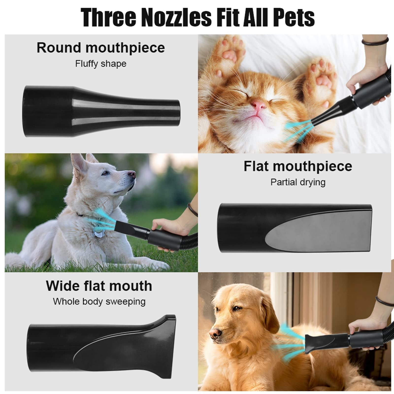High Velocity Dog Grooming Dryer with Dual Speed Settings and Adjustable Temperature, Four Nozzle Attachments