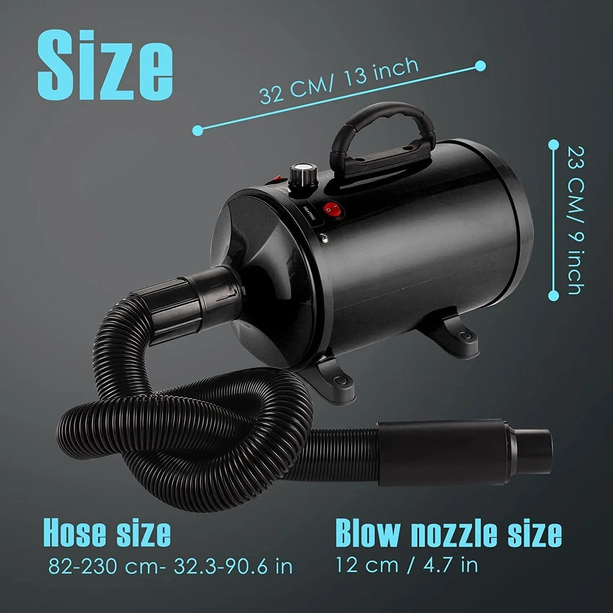 High Velocity Dog Grooming Dryer with Dual Speed Settings and Adjustable Temperature, Four Nozzle Attachments