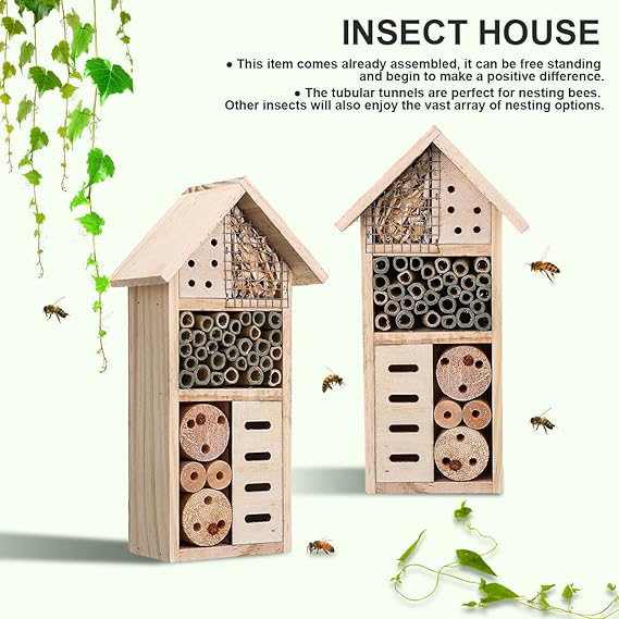 Wooden Insect Shelter with Multiple Nesting Chambers for Bees and Garden Pollinators