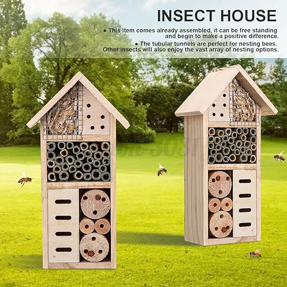 Wooden Insect Shelter with Multiple Nesting Chambers for Bees and Garden Pollinators