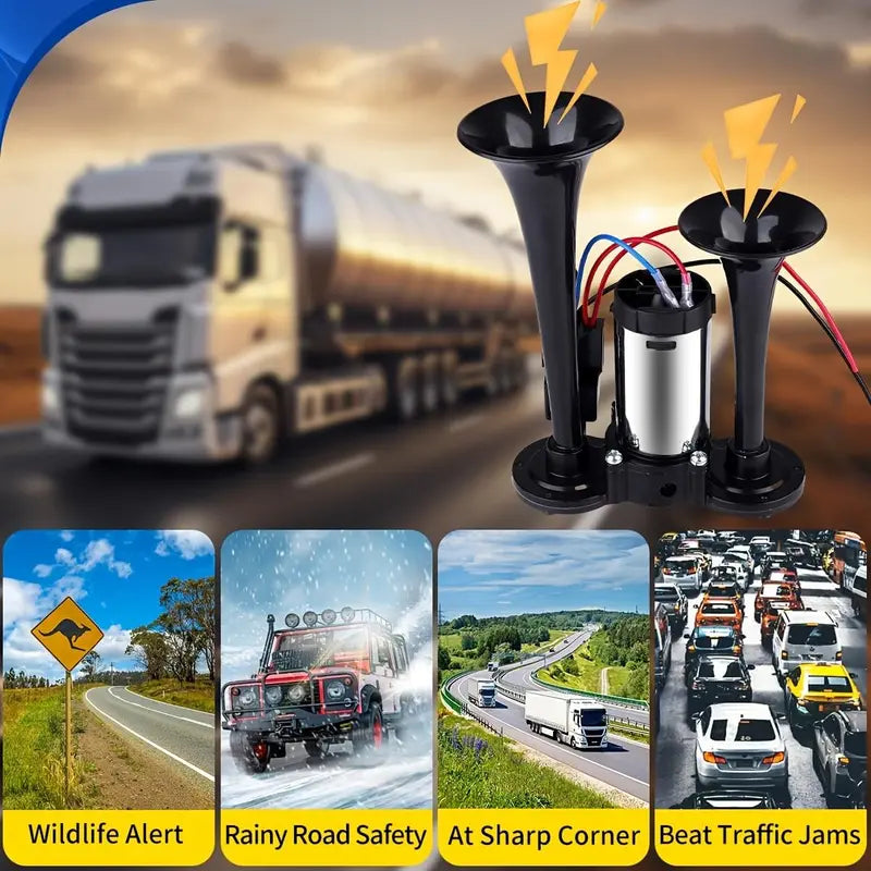 Electric Dual Air Horn System with 130dB Output and Auto Compressor for 12V Vehicles