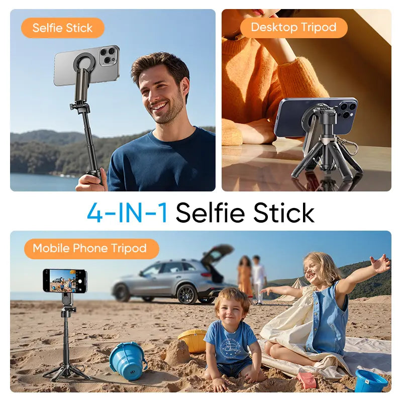 Selfie Stick with Magnetic Phone Mount and Wireless Remote, 360 Degree Rotation Tripod