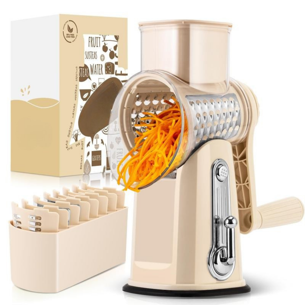 Rotary Grater with Five Interchangeable Blades and Suction Cup Base