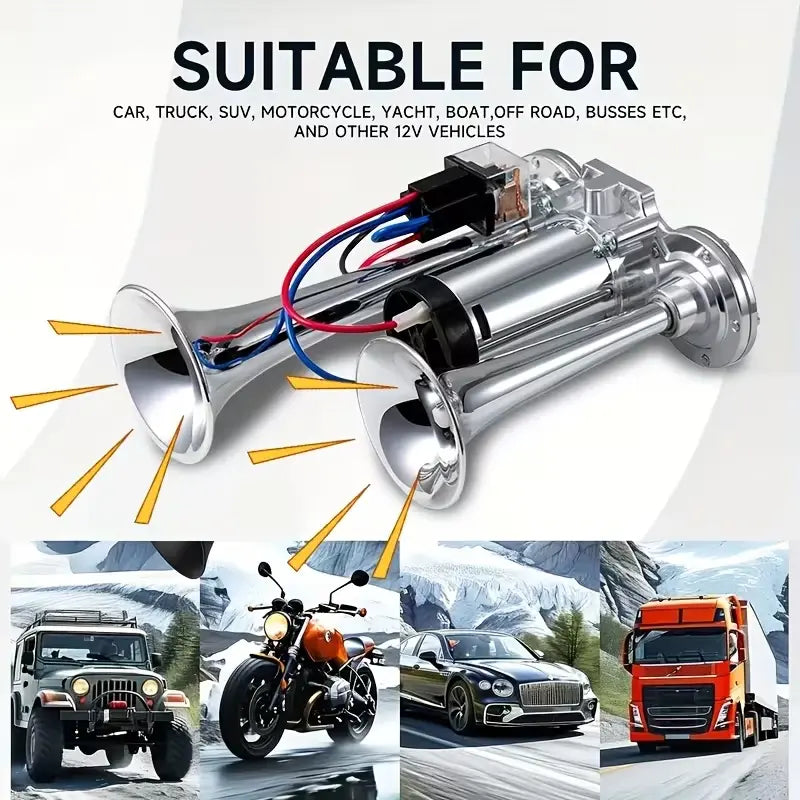 Electric Dual Air Horn System with 130dB Output and Auto Compressor for 12V Vehicles