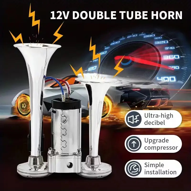 Electric Dual Air Horn System with 130dB Output and Auto Compressor for 12V Vehicles