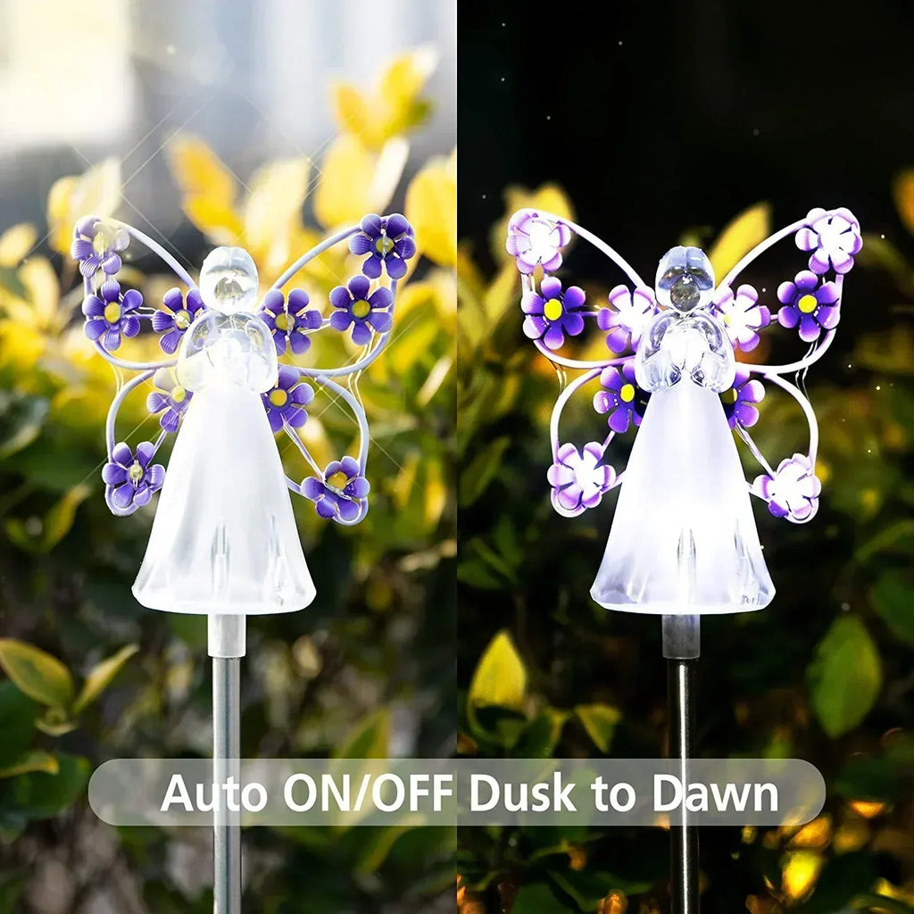 Solar Angel Garden Stake Light with Warm White LED and Automatic Dusk Activation