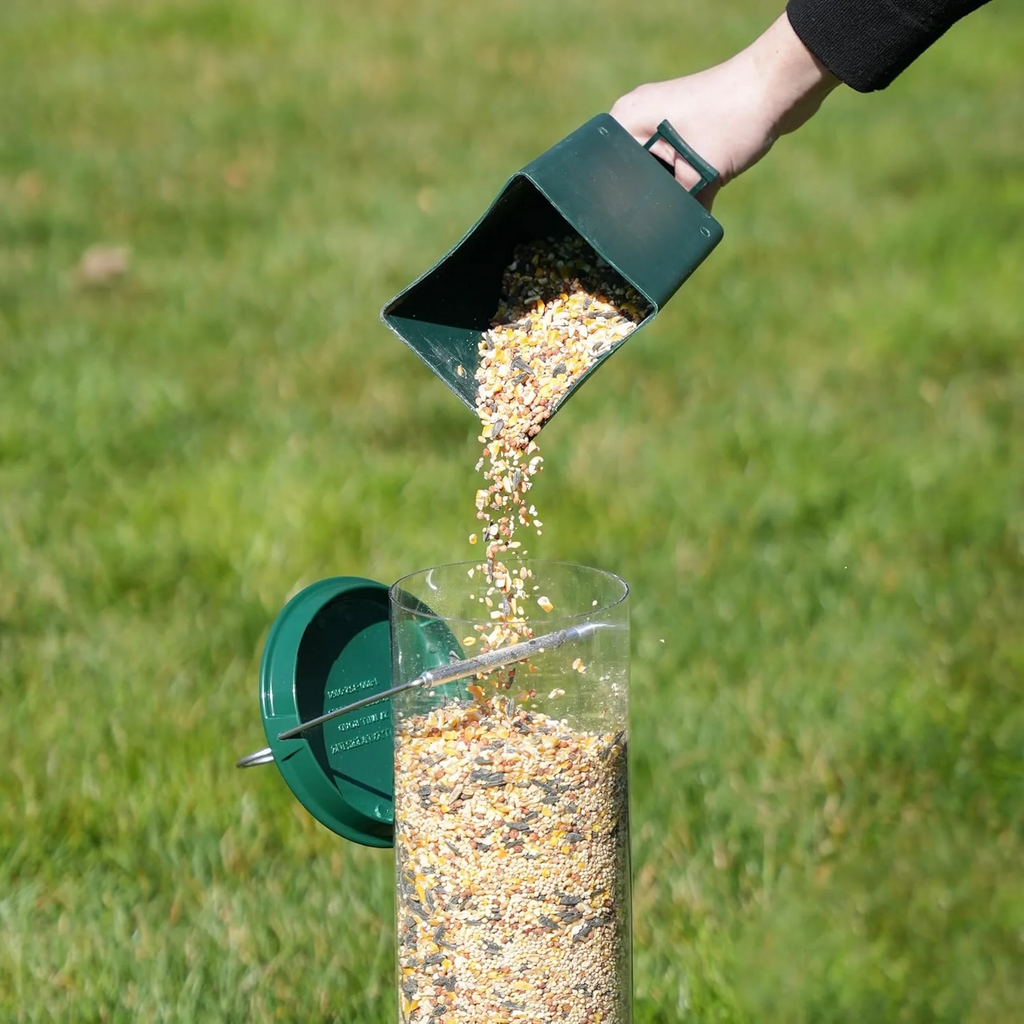 Rotating Perch Bird Feeder with Metal Frame and Clear Tube, Forest Green