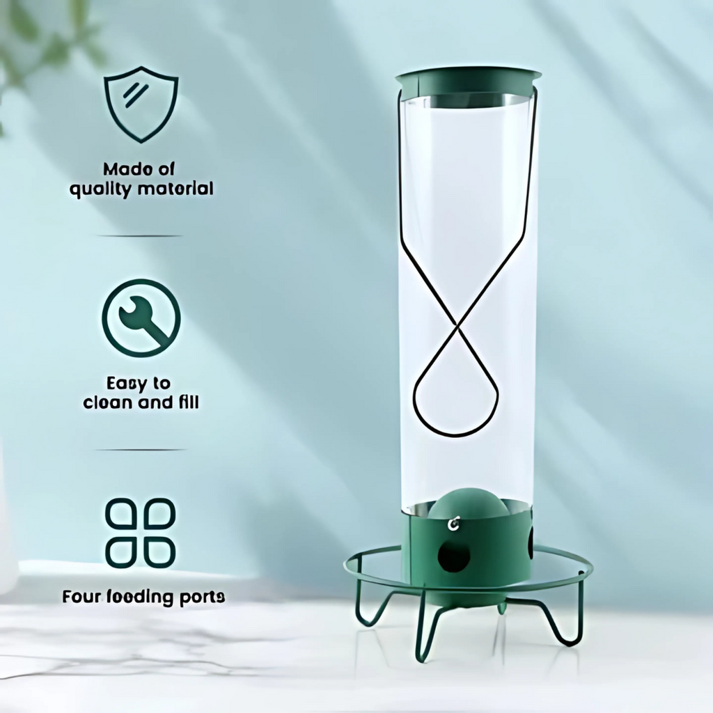 Rotating Perch Bird Feeder with Metal Frame and Clear Tube, Forest Green