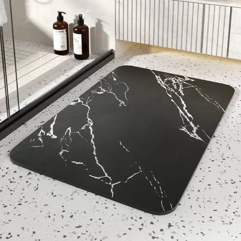 Quick Dry Mineral Stone Bathroom Mat with Rubber Grip Base and Marble Pattern