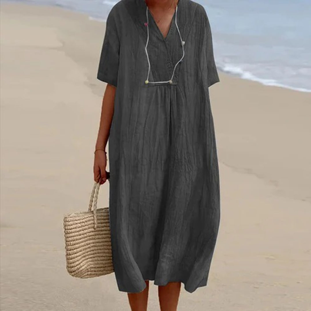 Linen Midi Dress with V-Neck and Loose Fit, Short Sleeves