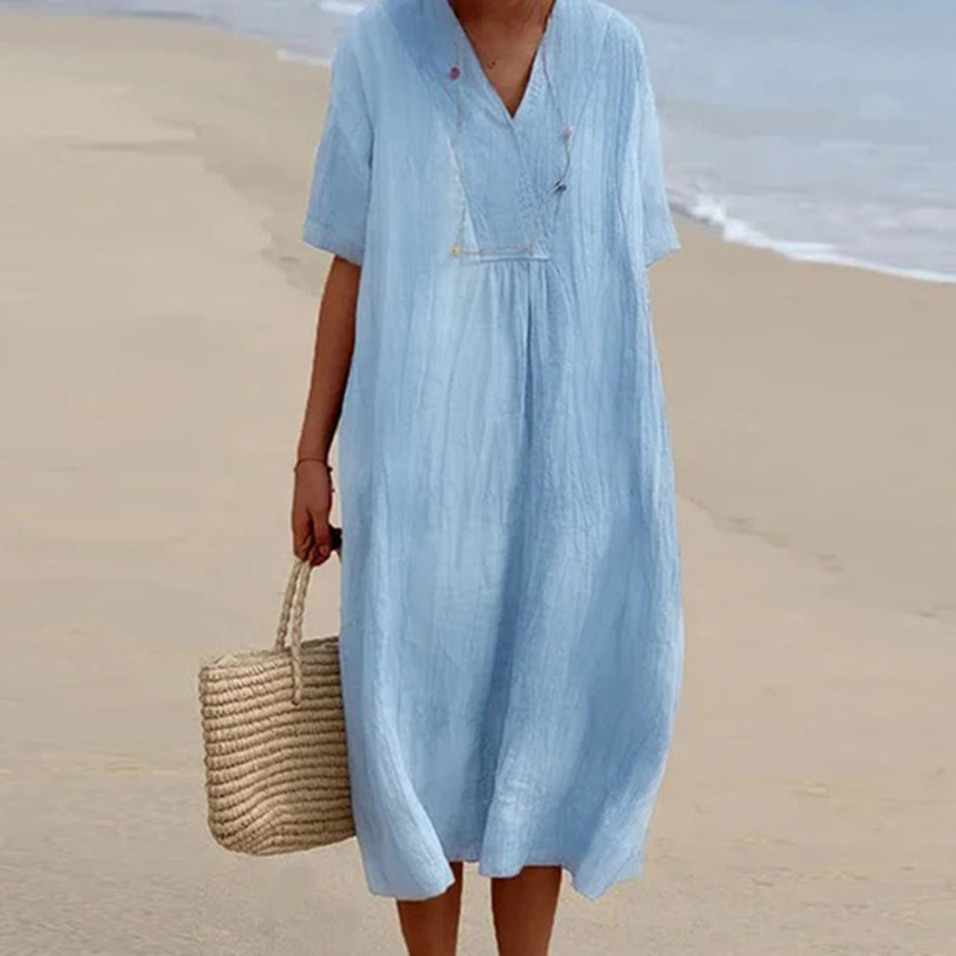 Linen Midi Dress with V-Neck and Loose Fit, Short Sleeves