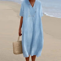 Linen Midi Dress with V-Neck and Loose Fit, Short Sleeves