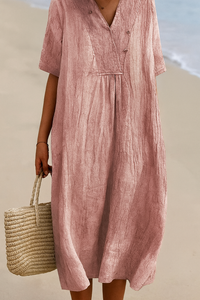 Lightweight Beach Dress with V-Neck and Polyester Blend, Short Sleeves