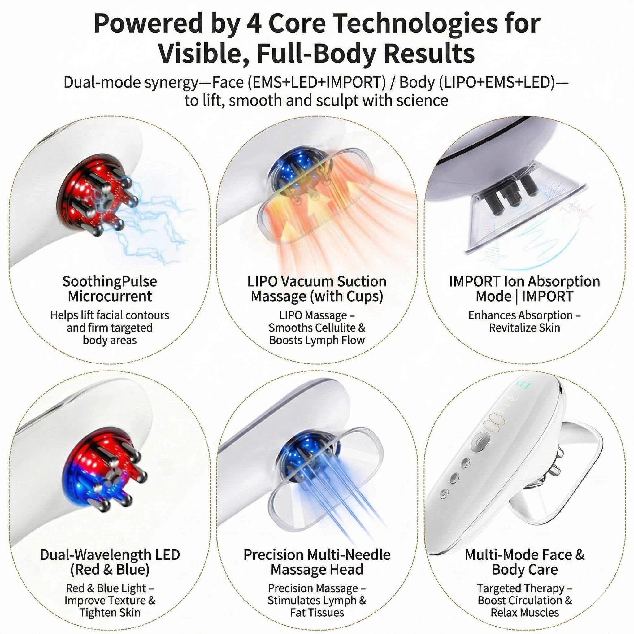 Rechargeable Body and Face Beauty Massager with LED Light and Suction