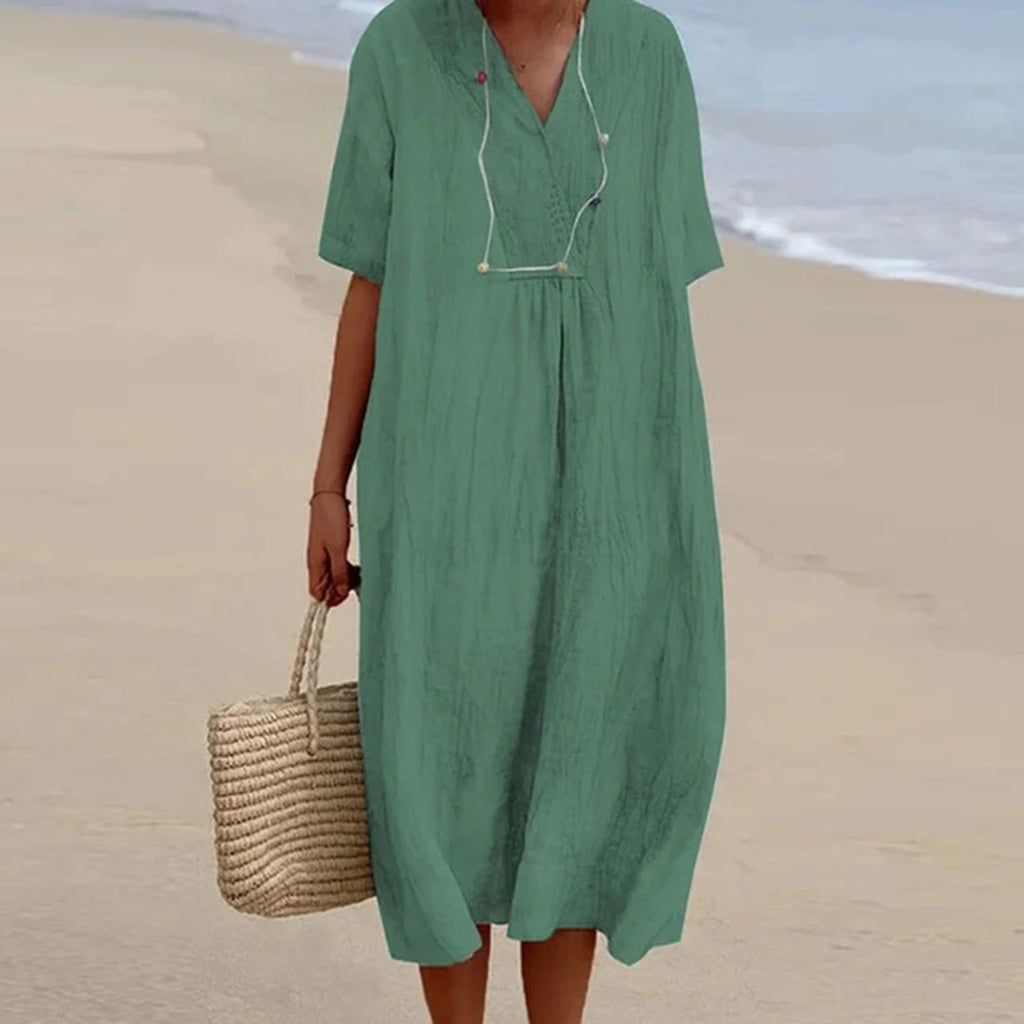 Linen Midi Dress with V-Neck and Loose Fit, Short Sleeves