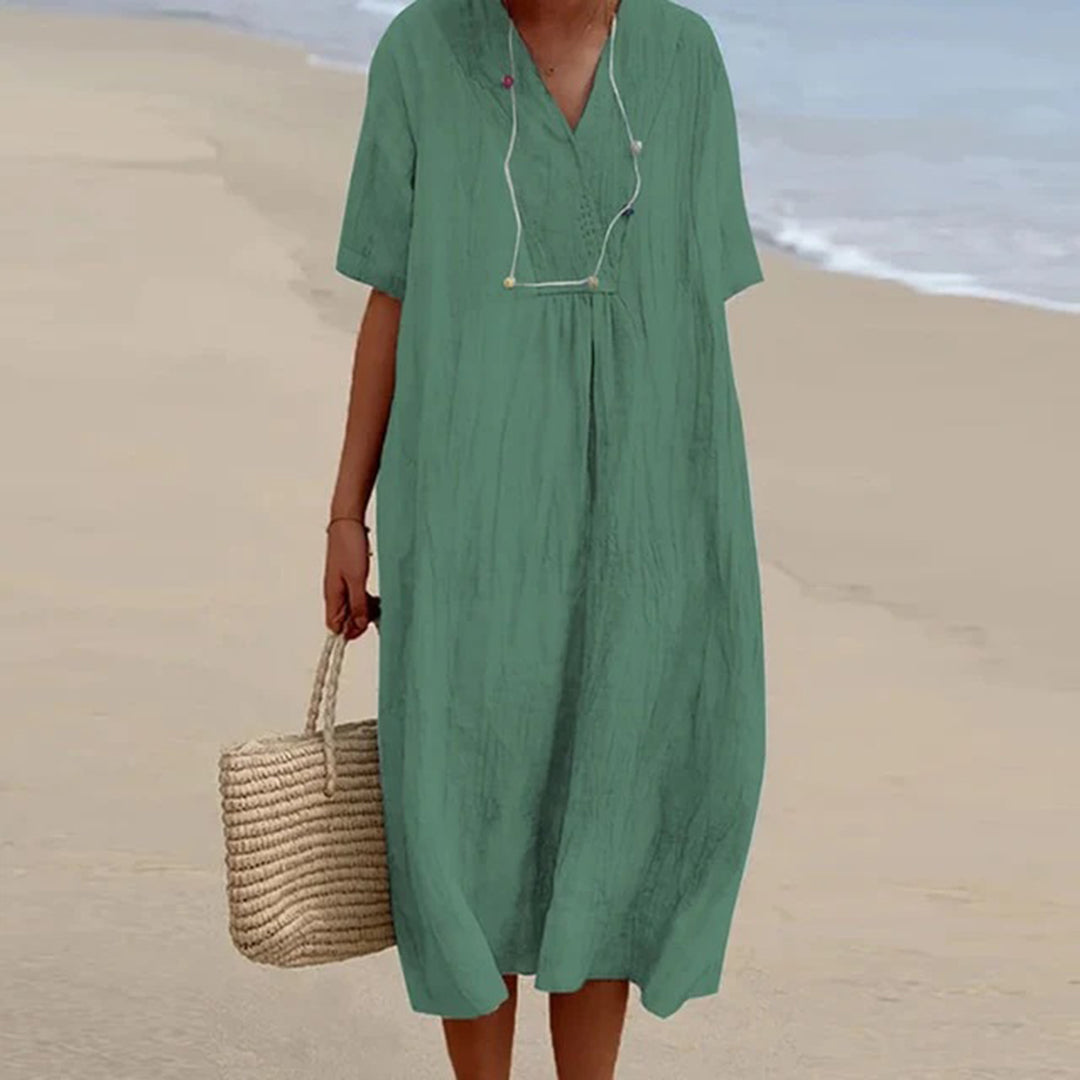 Linen Midi Dress with V-Neck and Loose Fit, Short Sleeves