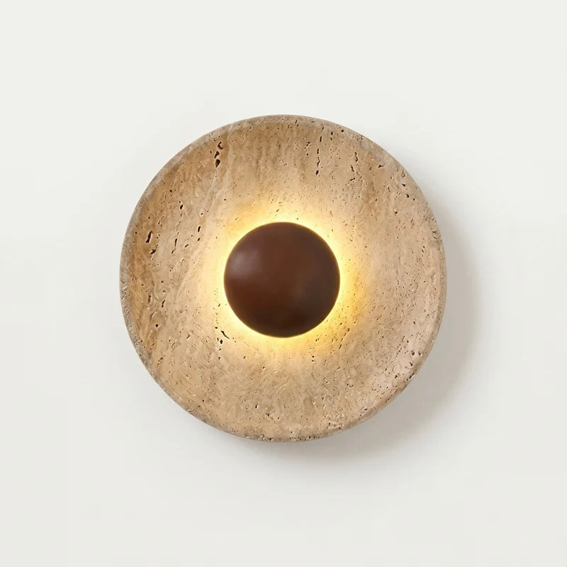 Travertine and Wood Wall Light with Warm LED Glow for Indoor Decor