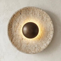 Travertine and Wood Wall Light with Warm LED Glow for Indoor Decor