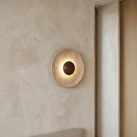 Travertine and Wood Wall Light with Warm LED Glow for Indoor Decor